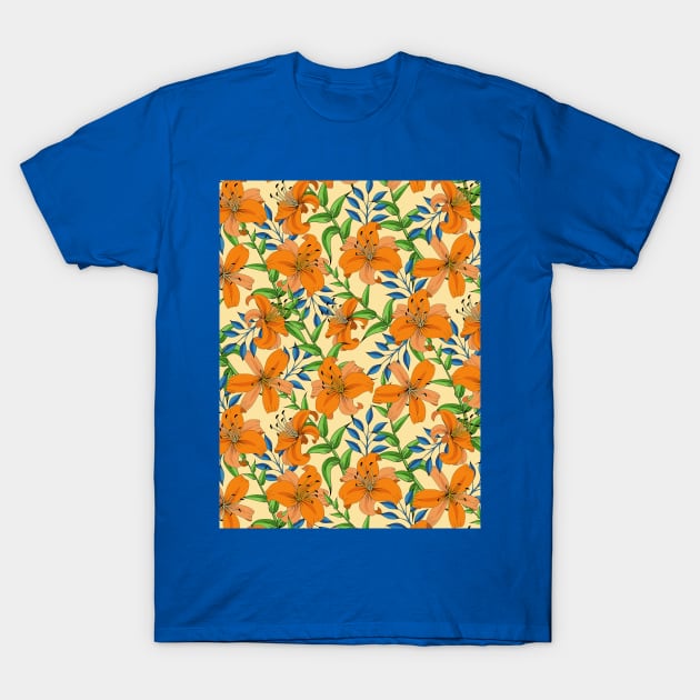 Lily Flower Pattern On Orange T-Shirt by Designoholic